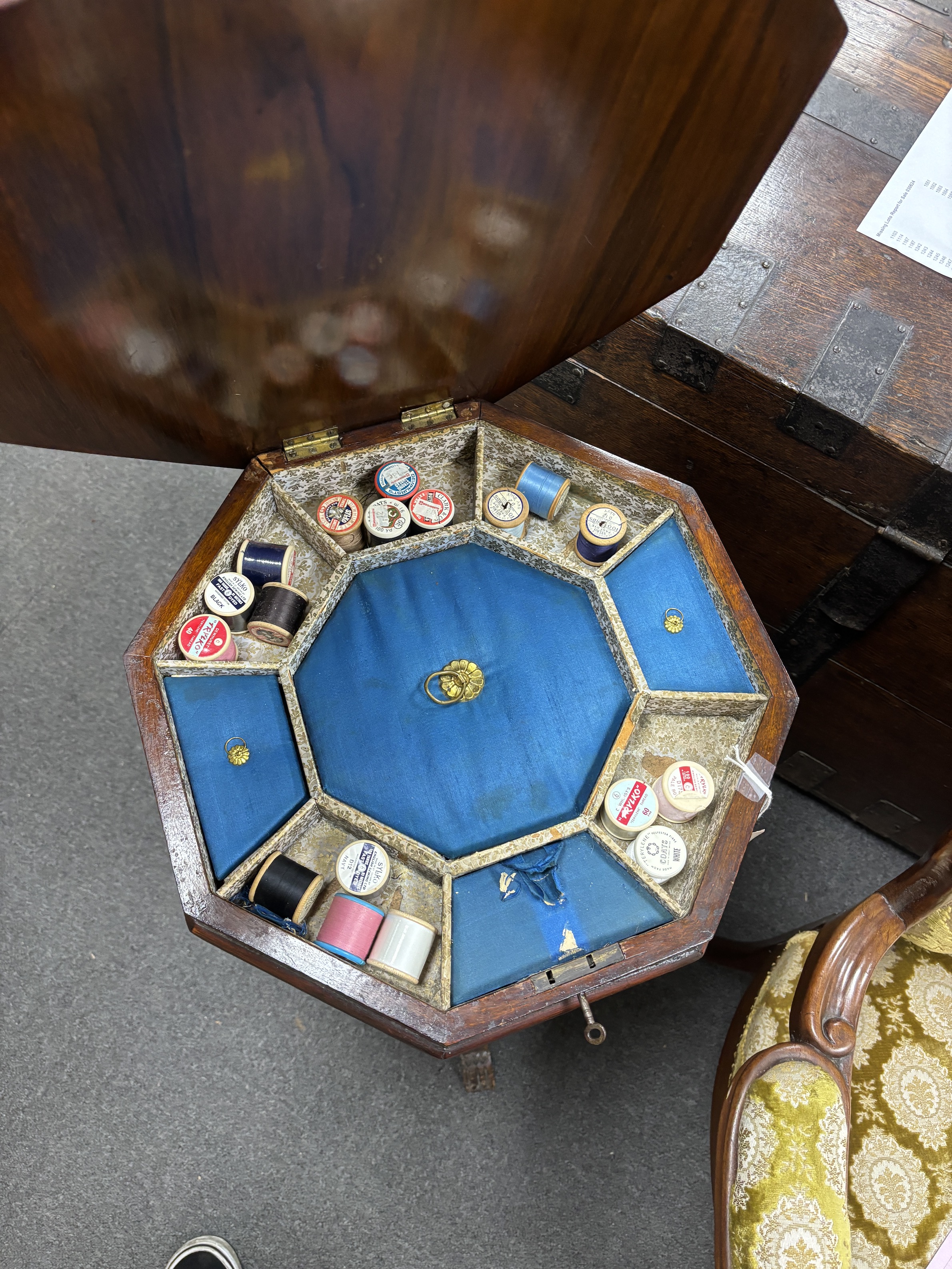 A Victorian octagonal inlaid walnut games / work table, width 45cm, height 73cm